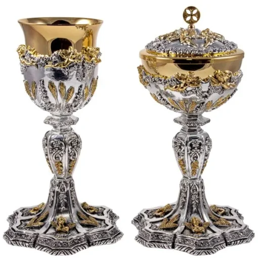 Conjunto Âmbula e Cálice Anjos e Trigo - Prata